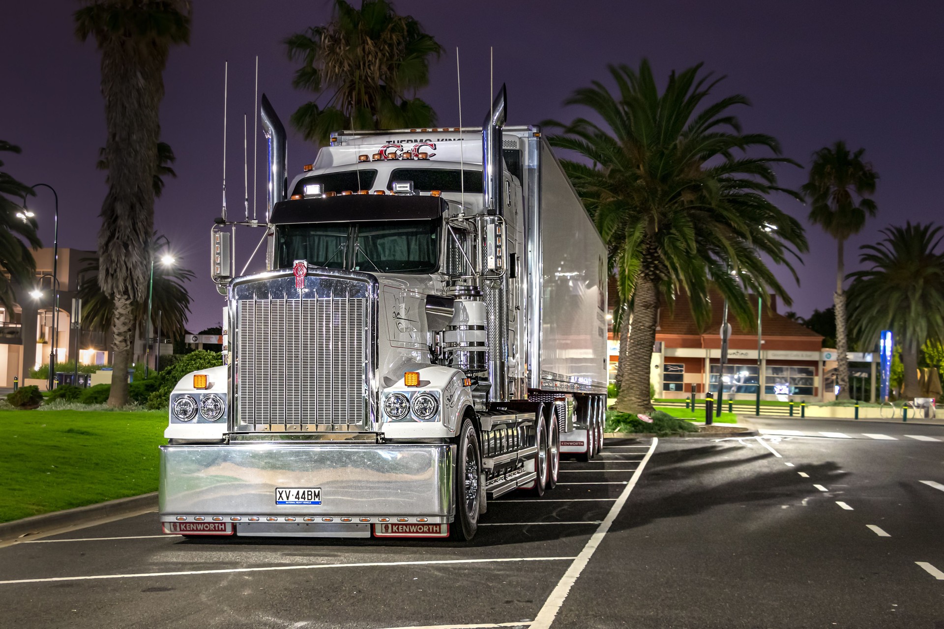 A Kenworth truck parked at the Cruise Terminal in Melbourne at night.